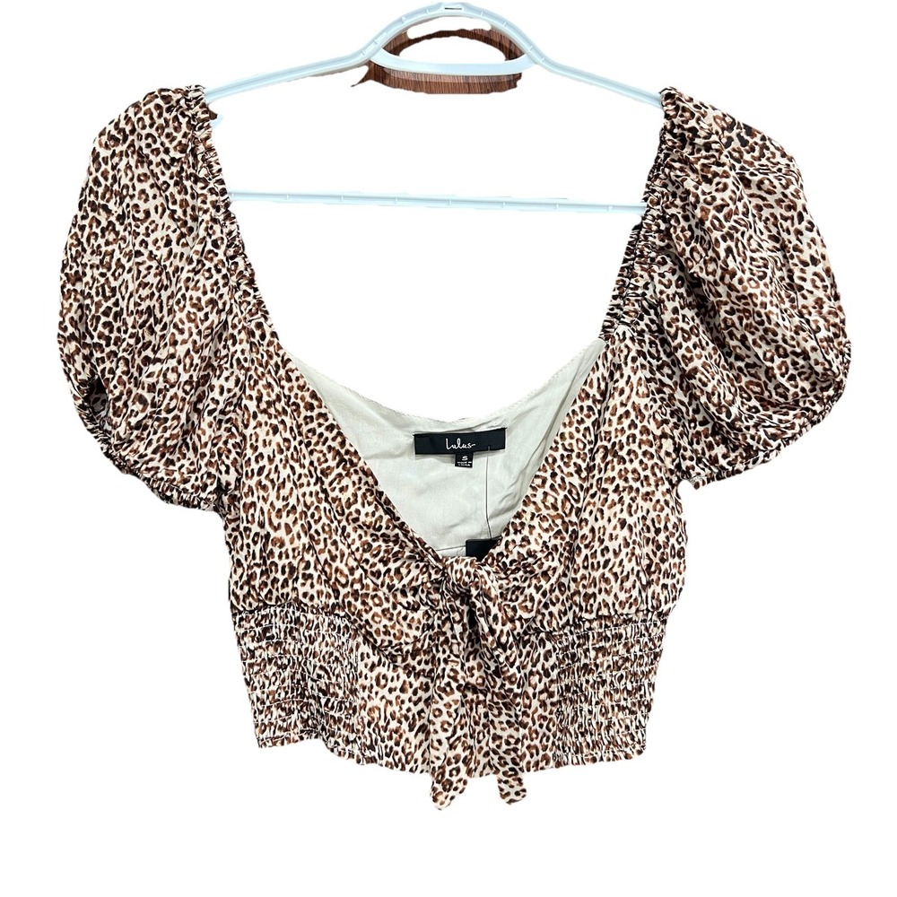 Lulus Animalā Print Tie-Front Crop Top Puff Sleeve Blouse Brown Size S